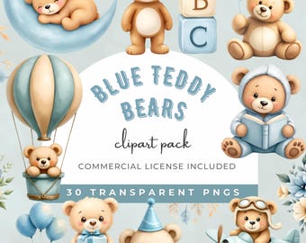 Blauwe teddybeer clipart, babyshower graphics: aquarel teddybeer clipart, blauwe jongen teddybeer kinderkamer kunst, schattige beer, commercieel gebruik