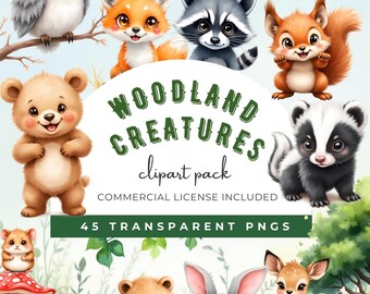 Woodland Creatures Watercolor Clipart: Forest Animals, Nursery Decor (Digital Download)