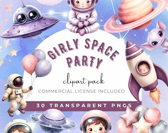 Watercolor Girly Outer Space Birthday Party Clipart Bundle, Cute Astronauts Rocket Planets Moon and Stars Graphics, Digital Download PNG
