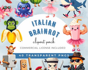 Italian Brainrot Clipart Bundle: 40 Funny Meme PNGs, Kids Shirt Brain rot, Chibi Anime Design (Digital Download)