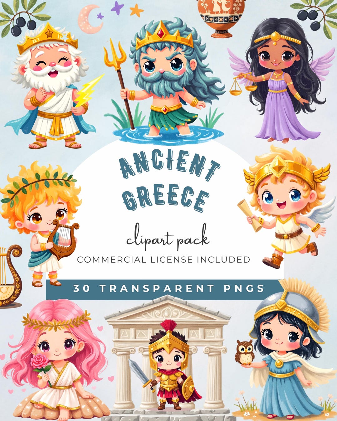 Ancient Greece Clipart, Chibi Greek Gods and Goddesses, Cute Olympic ...