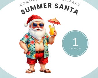 Summer Santa Clipart: Beach Christmas Holiday Watercolor illustration PNG, Tropical Santa, Coastal Christmas Clip Art, Holiday Vacation