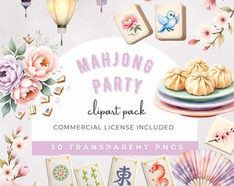 Watercolor Mahjong Party Clipart: Pastel Tiles, Mahjong Tile Set Png, Tea Party Graphics, Mahjong Set Chinoiserie Png, PNG Digital Download