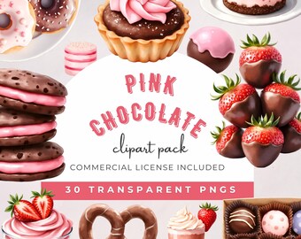 Pink Chocolate Dessert Clipart: Watercolor Strawberry Sweets Clipart, Choco Candy Birthday, Cocoa Cupcake, Pastries, Commercial Use