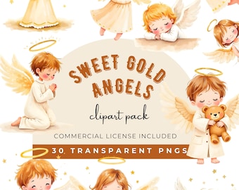 Sweet Gold Angels Clipart: Guardian Angel Clipart, High Quality Christian Illustrations PNG, Watercolor Gold Angel Graphics Digital Download