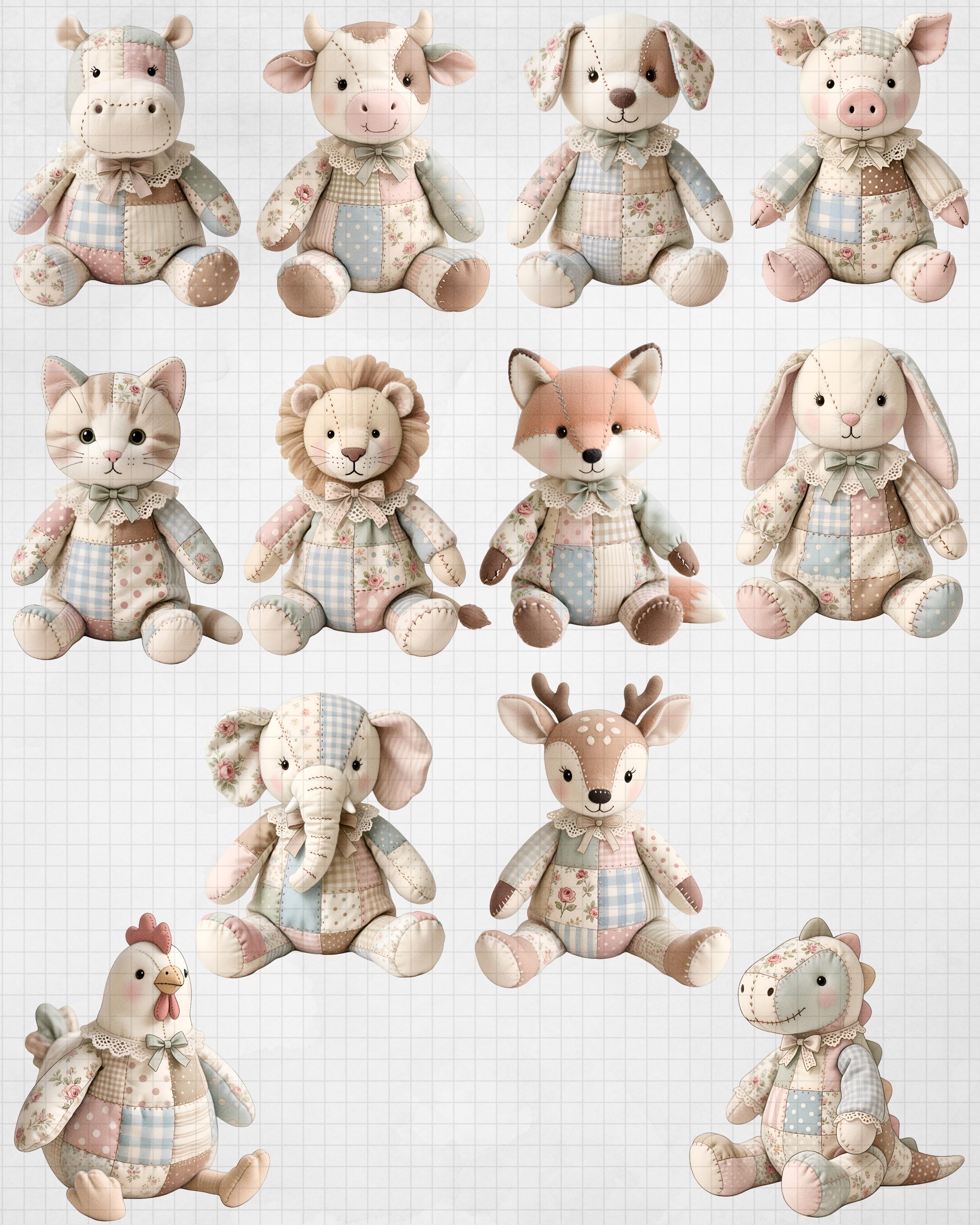 Patchwork Plush Toys Clipart PNG, Cottagecore Quilted Stuffed Animal ...
