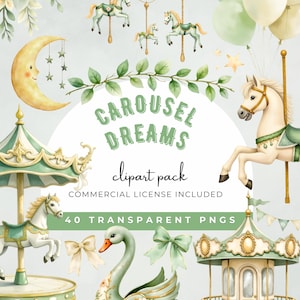 Peut inclure: Pack de cliparts aquarelle avec chevaux de manège, cygne, ballons et croissant de lune. Le texte "Carousel Dreams" et "clipart pack" sont affichés. Comprend 40 PNG transparents.