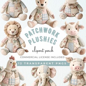Patchwork Plush Toys Clipart PNG, Cottagecore Quilted Stuffed Animal Graphics, Grandmillennial Nursery Art, Baby Shower, Commercial Use