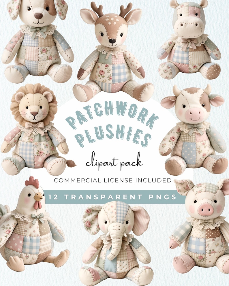 Patchwork Plush Toys Clipart PNG, Cottagecore Quilted Stuffed Animal ...