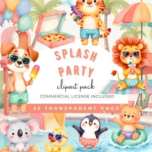 Pool Party Watercolor Clipart: Summer Animals, Birthday Party Pool, Ice cream, swimsuit, floats, Fun Summertime, Commercial Use