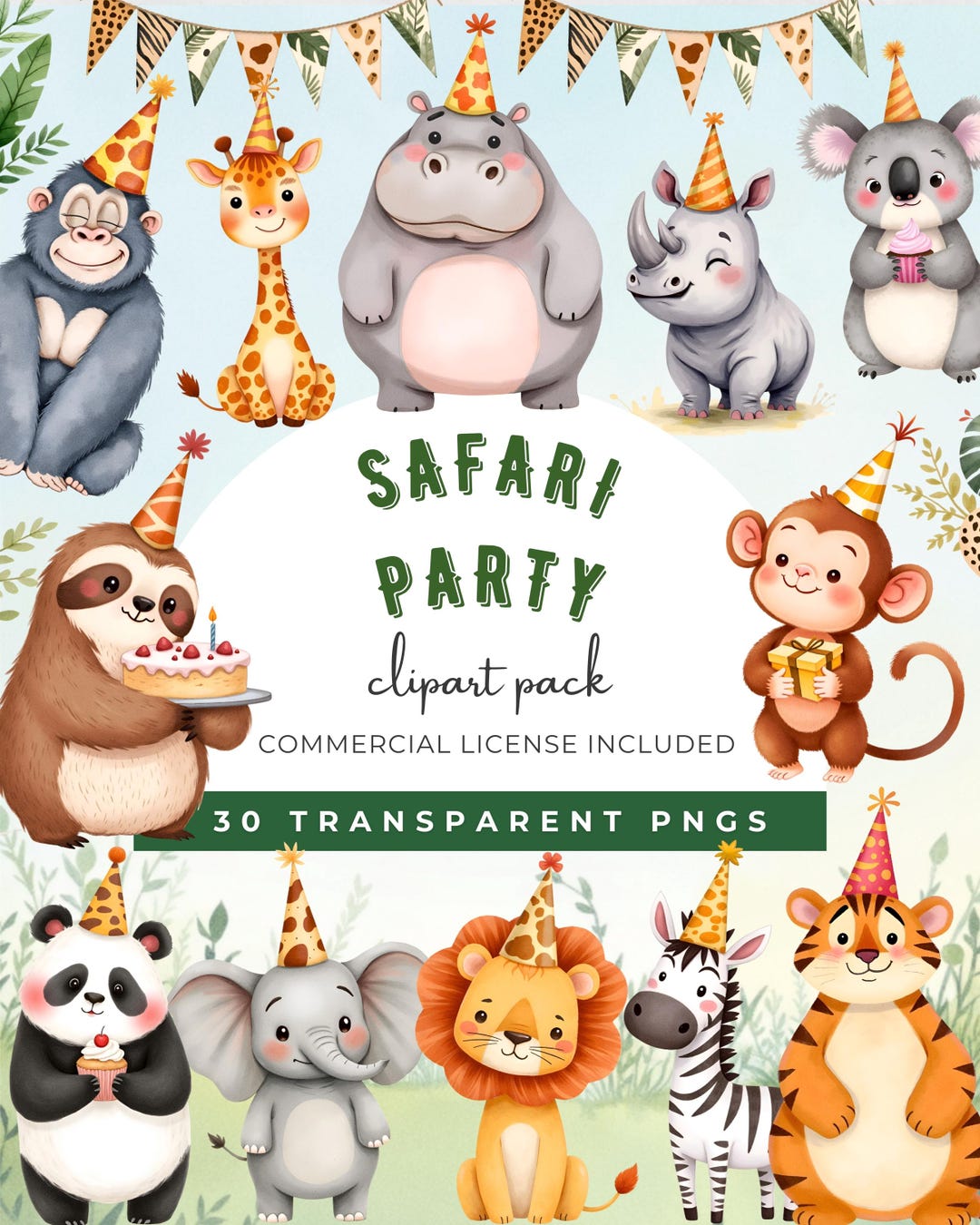 Safari Birthday Party Clipart, Wild One, Cute Jungle Animals PNG ...