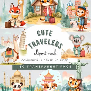 Puede incluir: Un paquete de imágenes prediseñadas digitales titulado "Cute Travelers" con ilustraciones de acuarela de animales como turistas. El paquete incluye un zorro, un guepardo, un mono, una llama, un koala, un panda, un perro y un tigre, cada uno con equipaje y monumentos famosos.