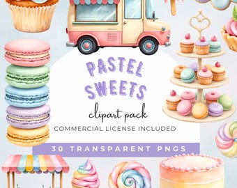 Pastel Sweets Clipart, Pastel Candyland Clipart Set, Watercolor Sweets Clipart, Candy Birthday, Cupcake, Pastries, Commercial Use