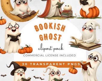 Whimsical Bookish Ghost Clipart Set: Cute Ghost Reading PNG Halloween Library Design, Spooky Halloween Aesthetics, Cozy Bookish Design