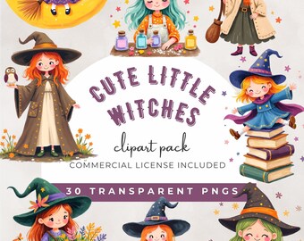 Cute Little Witches Clipart Pack: Halloween PNG Graphics (300 DPI)