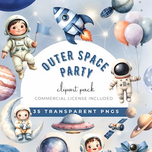 May include: A digital clipart collection titled Outer Space Party featuring illustrations of astronauts, a rocket ship, planets, satellites, a UFO, and balloons. The set includes 35 transparent PNG files with a commercial licence included.