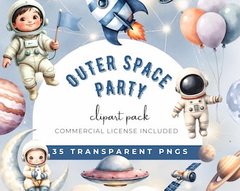 Aquarell Weltraum Geburtstagsparty Clipart Bundle, Astronaut Grafiken Planeten Raketen Raumschiff Illustration, Baby Jungen Kinderzimmer PNG