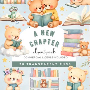 May include: A digital clipart pack featuring adorable cartoon bears reading books. The image includes stacks of books, a bookshelf, and the text "A New Chapter clipart pack". The illustrations are in soft pastel colors.