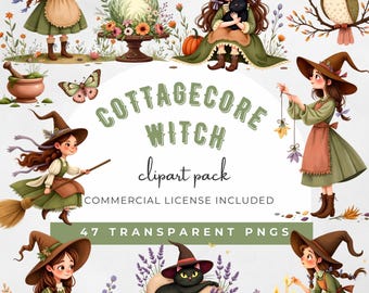 Cottagecore Witch Clipart Pack: Magical Forest PNG Graphics (300 DPI)