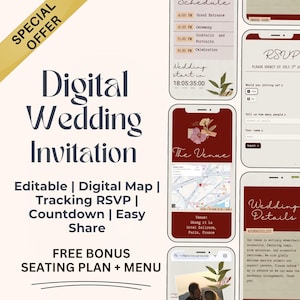 Digitale Hochzeitseinladung mit Antwort-Tracker, Karte und Countdown, bearbeitbare Hochzeitswebsite, Videoeinladung für die Sommerhochzeit