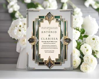Plantilla de invitación de boda estilo Gatsby, editable e imprimible, para fiesta art déco, vintage, años 20