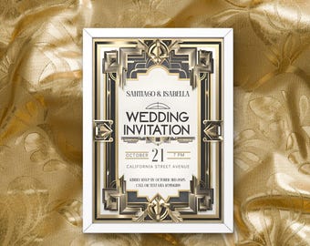 Gatsby Wedding Invitation Template – Art Deco 1920s Editable Digital Download – Roaring 20s Birthday Invite
