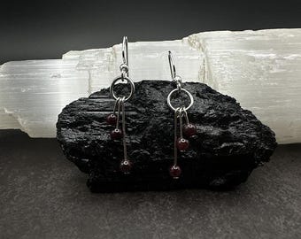 May include: Silver dangle earrings with small, round, dark red beads. Each earring features a circular design with multiple strands of beads hanging below. The earrings are displayed on a dark, textured surface.
