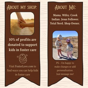 May include: Two brown wooden banners with text and images. One banner says "About My Shop" and includes a photo of hands holding hands and text about donating profits to foster care. The other banner says "About Me" and includes a photo of two children.