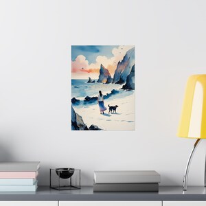 Póster de pared costero sereno, impresión vertical mate con temática oceánica, decoración playera para amantes de los perros, decoración del hogar, ambiente costero, regalo