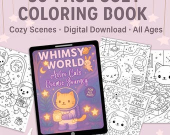 May include: A digital coloring book titled "50-PAGE COZY COLORING BOOK" with "Whimsy World Astro Cats Cosmic Journey" on the cover. It features cozy scenes and is suitable for all ages. Includes printable pages.