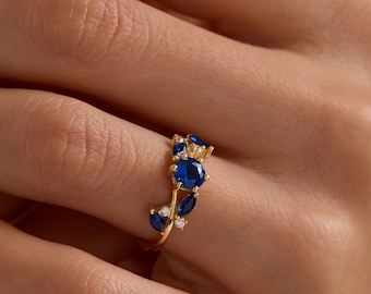 14K Gold Sapphire Cluster Ring, Branch Design, Dainty Gemstone Ring