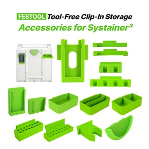 Op de afbeelding: Een verzameling groene gereedschapsaccessoires voor Systainer³-opslag. De afbeelding toont verschillende clip-in opslagcomponenten, waaronder trays, houders en beugels. De tekst bovenaan luidt "FESTOOL Tool-Free Clip-In Storage Accessories for Systainer³."