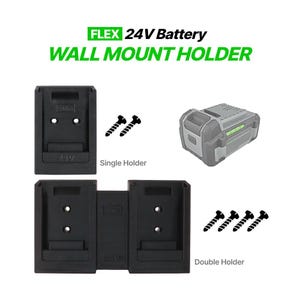 Op de afbeelding: Zwarte wandhouders voor een 24V-batterij, met de tekst "FLEX 24V Battery WALL MOUNT HOLDER". De afbeelding toont een enkele houder en een dubbele houder, samen met schroeven en een batterij.