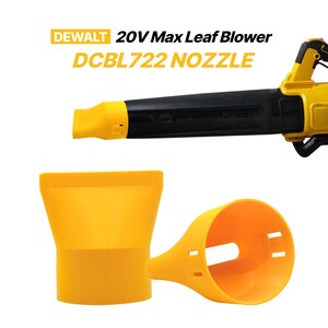 May include: A yellow DeWalt 20V Max Leaf Blower DCBL722 nozzle attachment. The image displays a black and yellow leaf blower with a yellow nozzle attached, alongside two additional yellow plastic nozzle components shown separately.