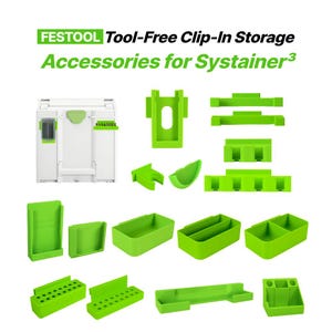 Puede incluir: Accesorios de almacenamiento Festool Tool-Free Clip-In para Systainer3. Una colección de componentes organizativos de plástico verde brillante que incluye varios contenedores, portapuntas y soportes para sistemas de almacenamiento.