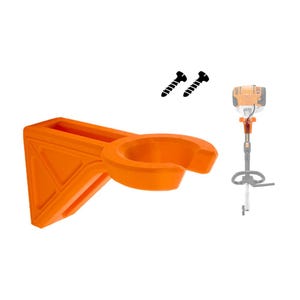 May include: A bright orange wall-mounted storage bracket featuring a circular opening designed to hold a string trimmer, accompanied by two black metal screws and a partial view of a string trimmer tool for reference and scale.