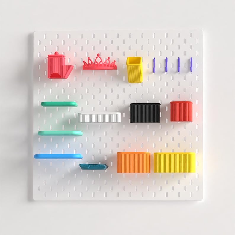 May include: A white pegboard with various colorful accessories. Includes red, yellow, black, orange, and blue storage containers, shelves, and hooks. The accessories are designed to be attached to the pegboard.