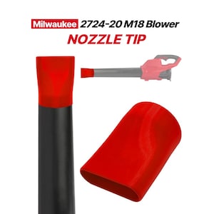 May include: A red nozzle tip for a Milwaukee 2724-20 M18 Blower. The image displays the red plastic nozzle attachment in isolation and attached to the end of a grey blower tube. The text Milwaukee 2724-20 M18 Blower NOZZLE TIP is visible.