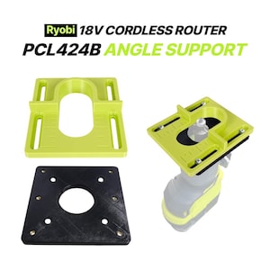May include: A lime green and black angle support for a Ryobi 18V cordless router. The support includes a base plate and a top plate with measurement markings. The text "Ryobi 18V CORDLESS ROUTER PCL424B ANGLE SUPPORT" is displayed.