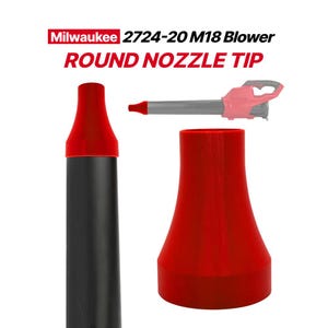 May include: A red round nozzle tip accessory for the Milwaukee 2724-20 M18 Blower. The image displays the red nozzle attachment in two views, one mounted on a black tube and one standalone, alongside a small graphic of the blower tool.