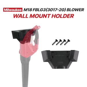 Puede incluir: Soporte de pared negro para soplador Milwaukee M18 FBLG3 (3017-20). El soporte está diseñado para montaje en pared e incluye tornillos. El texto "Milwaukee" y "WALL MOUNT HOLDER" son visibles.