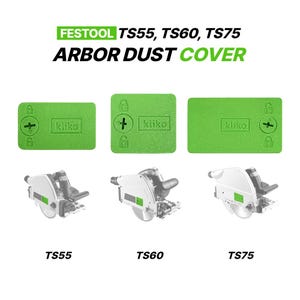 Puede incluir: Imagen de Festool TS55, TS60 y TS75 Arbor Dust Covers. La imagen muestra tres cubiertas verdes con el logotipo "kliko" y un símbolo de más. Debajo hay tres sierras circulares etiquetadas TS55, TS60 y TS75.