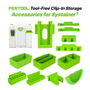 Puede incluir: Una colección de accesorios verdes para el almacenamiento de herramientas para Systainer³ con el texto "FESTOOL Tool-Free Clip-In Storage Accessories for Systainer³". Los accesorios incluyen varios componentes de clip y contenedores de almacenamiento.