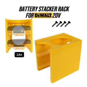 May include: Yellow battery stacker rack for Dewalt 20V batteries. The image shows a stackable storage unit with the text "Battery Stacker Rack for Dewalt 20V". The rack is designed to hold two batteries and includes mounting screws.