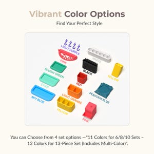 May include: An image showcasing a variety of small, colorful containers and organizers in various shapes and sizes. The image includes text that reads "Vibrant Color Options" and "Find Your Perfect Style". Colors include pink, sky blue, yellow, and light orange.