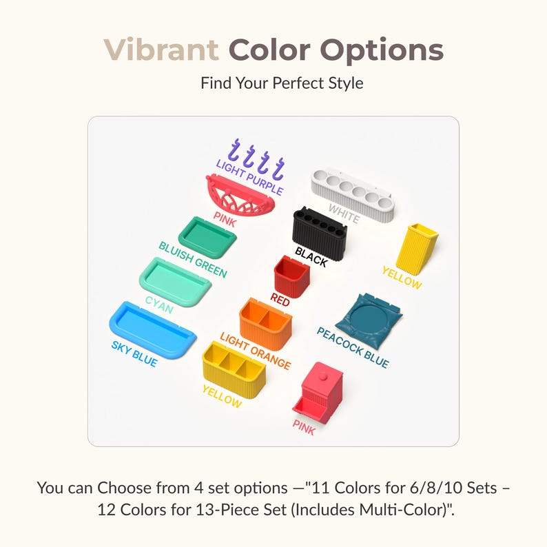 May include: An image showcasing a variety of small, colorful containers and organizers in various shapes and sizes. The image includes text that reads "Vibrant Color Options" and "Find Your Perfect Style". Colors include pink, sky blue, yellow, and light orange.