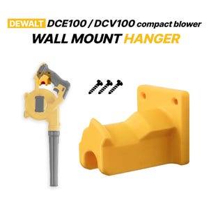 Op de afbeelding: Een gele wandhouder voor een DEWALT DCE100 / DCV100 compacte blazer, voorzien van een gevormde houder met twee montagegaten. De set bevat drie zwarte schroeven en toont een afbeelding van de blazer die door de houder wordt vastgehouden.
