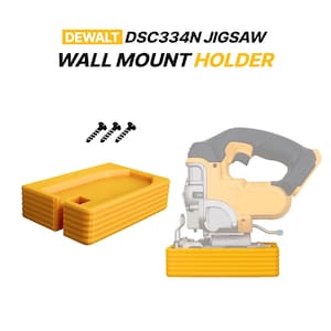 Op de afbeelding: Een gele kunststof wandhouder voor een DeWalt DSC334N decoupeerzaag, voorzien van een rechthoekige basis met een uitsparing voor het gereedschap en drie zwarte montageschroeven. De tekst DEWALT DSC334N JIGSAW WALL MOUNT HOLDER is zichtbaar.