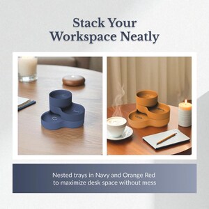 May include: Navy and orange-red nested trays designed to maximize desk space. The image shows two sets of trays, one navy and one orange-red, with the text "Stack Your Workspace Neatly". The text "Nested trays in Navy and Orange Red to maximize desk space without mess" is also present.
