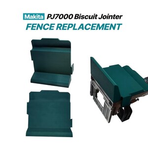 Pode incluir: Uma peça de reposição de guia na cor verde-azulado para uma fresadora de biscoitos Makita PJ7000. A imagem exibe o componente de três ângulos diferentes, mostrando seu formato retangular plano com borda elevada e perfil lateral.